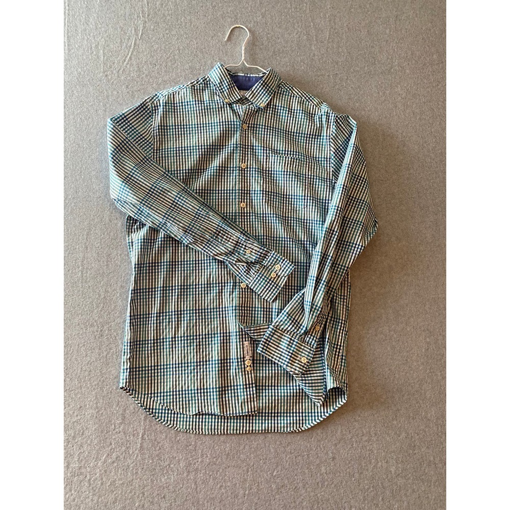 crown &‎ ivy Mens Stretch Button Down Long Sleeve Medium Blue/Green Plaid